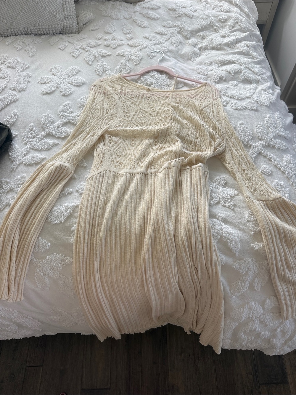 Anthropologie (Threat) Cream Sweater Knit Lace-Bodice Bell-Sleeve Midi Dress